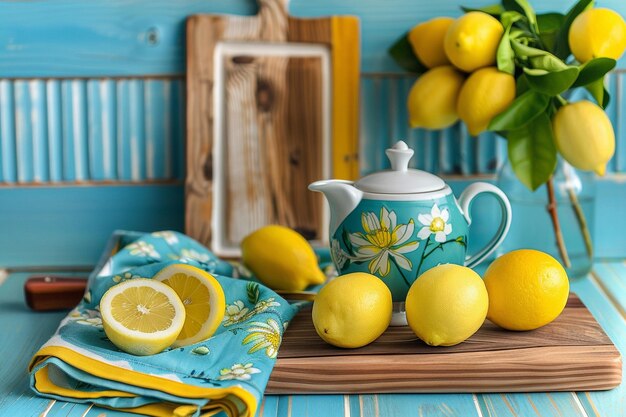 Photo a modern kitchen counter with a cup of lemon tea and a lemonthemed towel