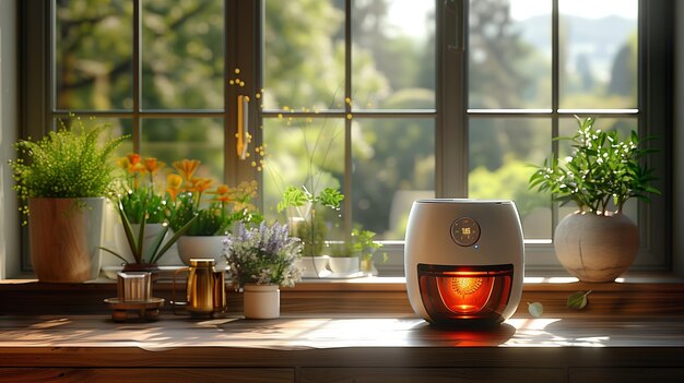 Photo modern kitchen countertop air fryer lit up in sunny window with fresh herbs and flowers