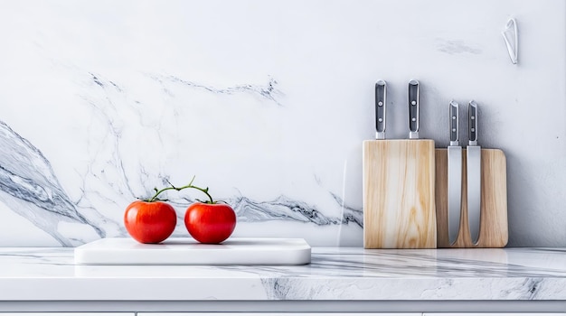 Photo modern kitchen countertop design with tomatoes and knife set on marble wall background kitchenware cooking culinary kitchen interior kitchen design home interior minimalist white marble