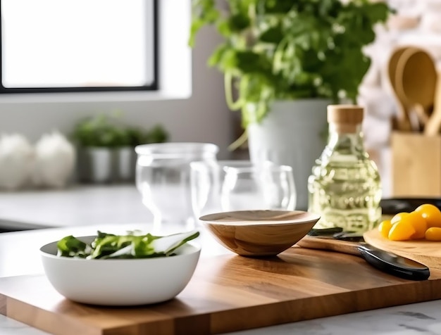 Modern kitchen countertop with domestic culinary utensils on it home healthy cooking concept