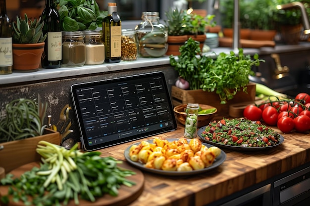 Modern kitchen countertop with tablet roasted potatoes and salad