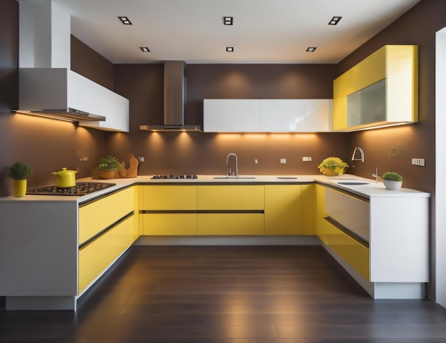 Modern kitchen design in purple and yellow colors with glass wall generative photo ai