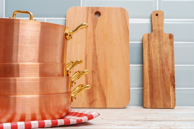 Modern kitchen details with copper kitchenware close up