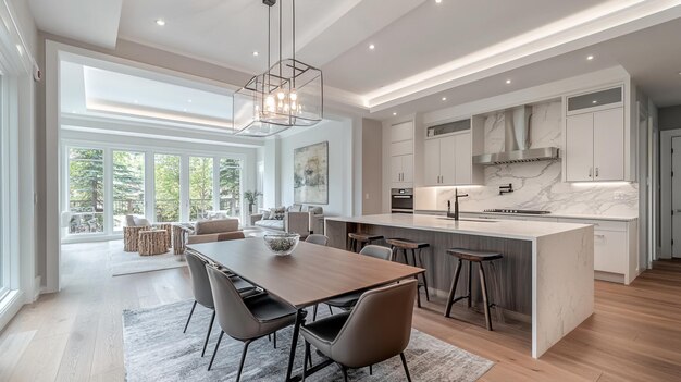 Photo modern kitchen and dining area with natural light and stylish decor in a contemporary home