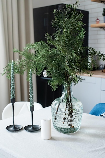 Modern kitchen interior decorated for Christmas