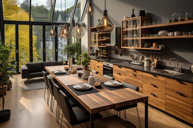 Modern kitchen interior design in apartment or house with furniture Luxury kitchen scandinavian