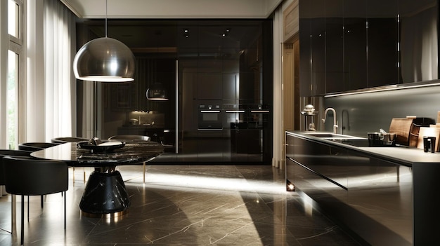 Modern Kitchen Interior Design With Black Cabinetry and Marble Flooring