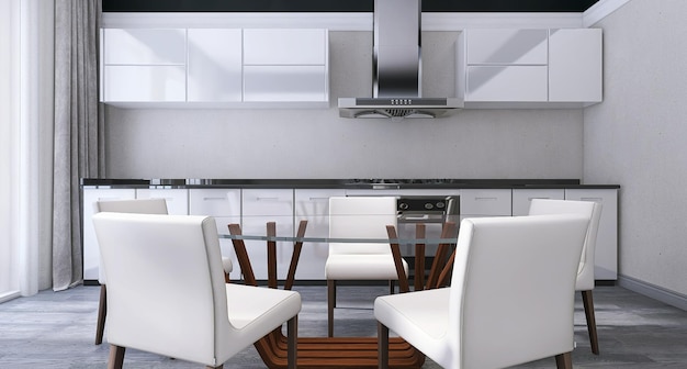 Modern Kitchen Interior Design with Kitchen Cabinet Dining Table Dining Chairs Chimney