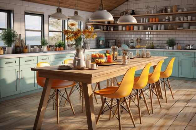 Modern kitchen interior design with orange chairsgenerative ai