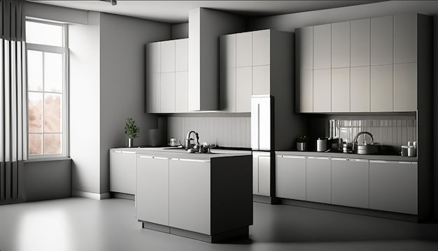 Modern kitchen interior at home with modern furniture of 3d illustration