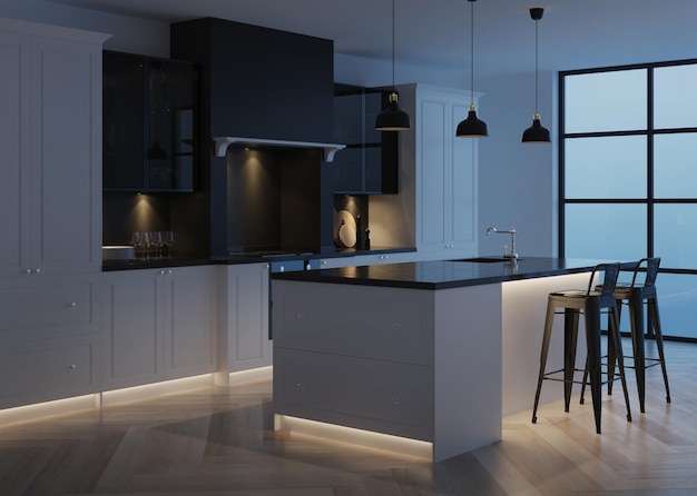 Modern kitchen interior. Modern classic. Evening lighting.  3D rendering.