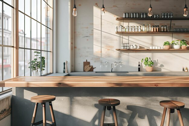 Modern kitchen interior with bar countertop and seats window Empty wall