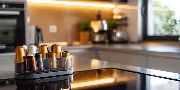 Photo modern kitchen interior with capsule coffee machine