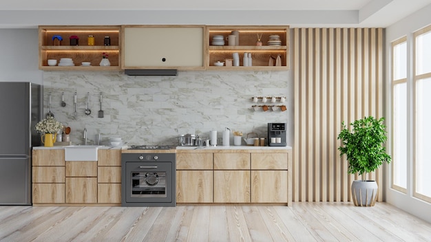 Modern kitchen interior with furniturekitchen interior with tiles wall