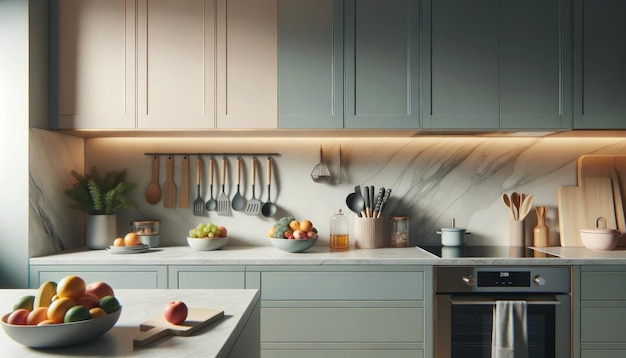 Modern kitchen interior with high attention to detail showcasing a minimalist design in pastel color