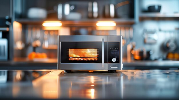 Photo modern kitchen interior with a sleek black microwave oven on a countertop illuminated by undercabinet lighting