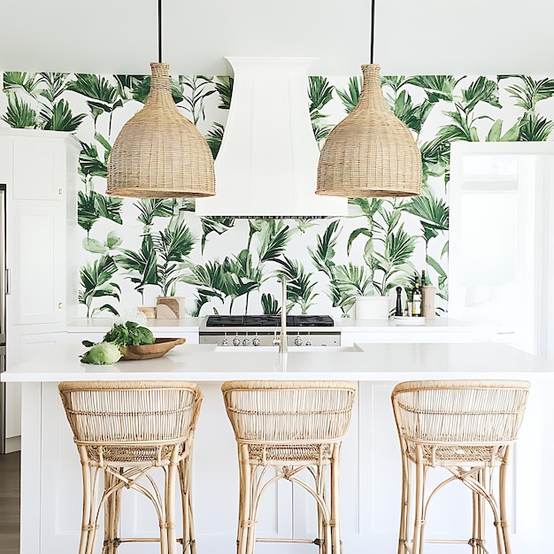 Photo modern kitchen interior with tropical wallpaper and rattan bar stools