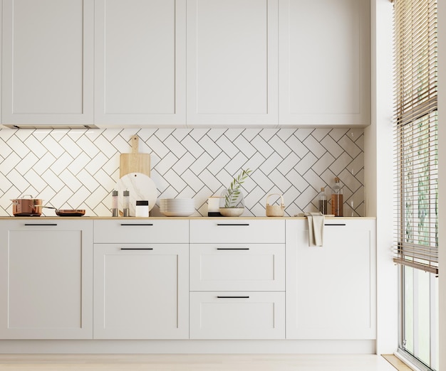 Modern kitchen interior with white cabinets and tile 3d rendering