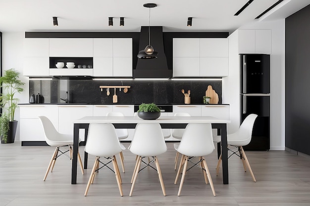 Modern kitchen interior with white furniture appliances decor and black refrigerator