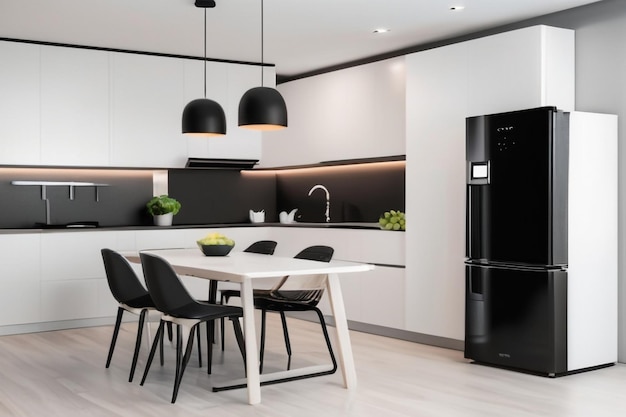 Modern kitchen interior with white furniture appliances decor and black refrigerator