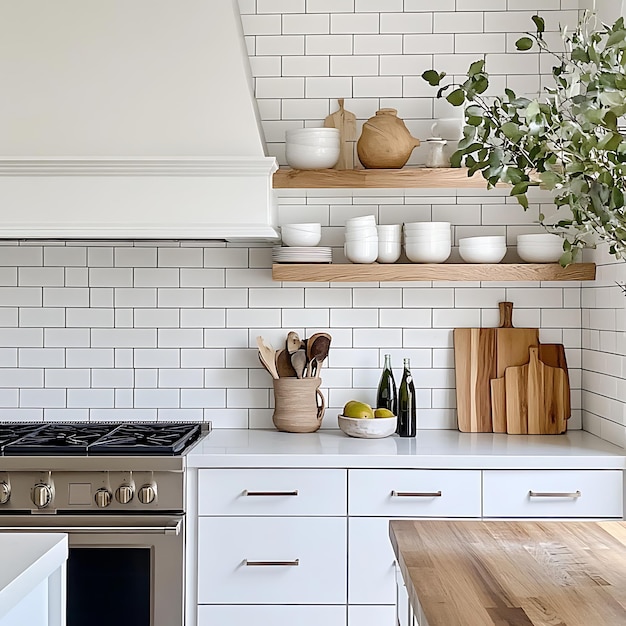 Modern Kitchen Interior with White Subway Tile Backsplash and Wooden Shelving