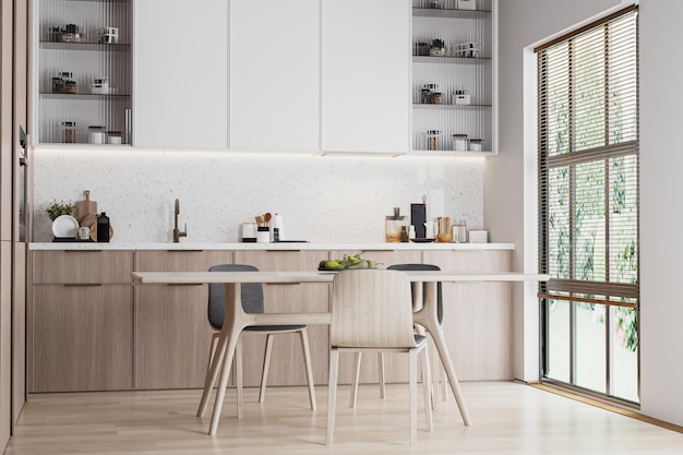 Modern kitchen interior with wooden and white cabinets dinning table and kitchenware 3d render