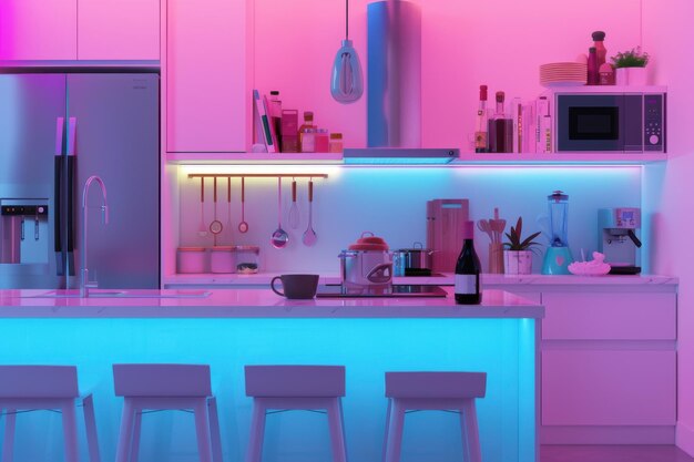 Modern Kitchen Island With Blue and Pink LED Lighting