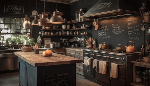 Modern kitchen island with rustic elegance and freshness generated by AI