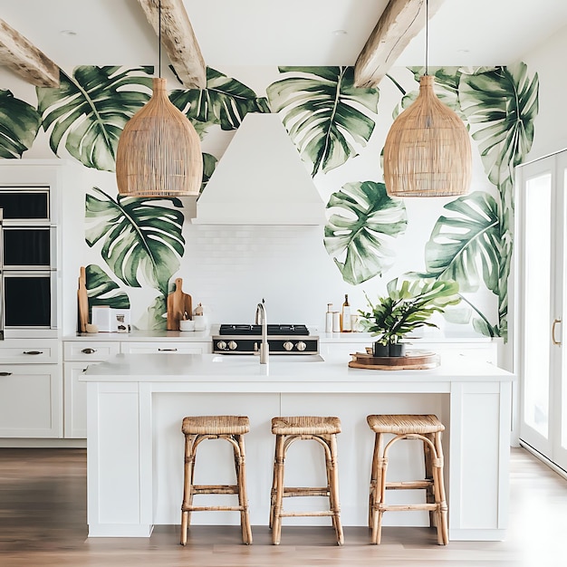 Photo modern kitchen island with tropical wallpaper and rattan bar stools