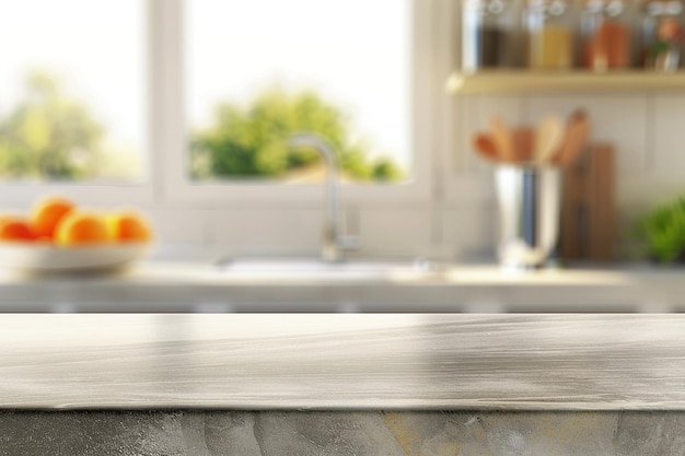 Modern kitchen marble countertop under bright natural light blurred background