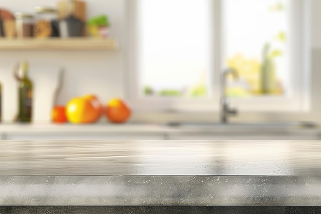 Modern kitchen marble countertop under bright natural light blurred background