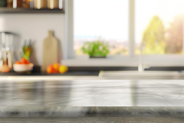 Modern kitchen marble countertop under bright natural light blurred background