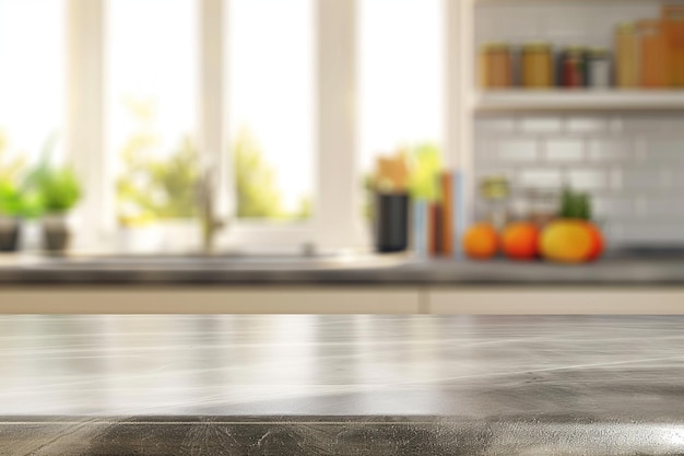 Modern kitchen marble countertop under bright natural light blurred background