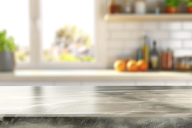 Modern kitchen marble countertop under bright natural light blurred background