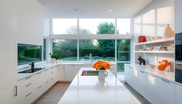 modern kitchen minimalist kitchen white marble countertops white cabinets open shelving decorat