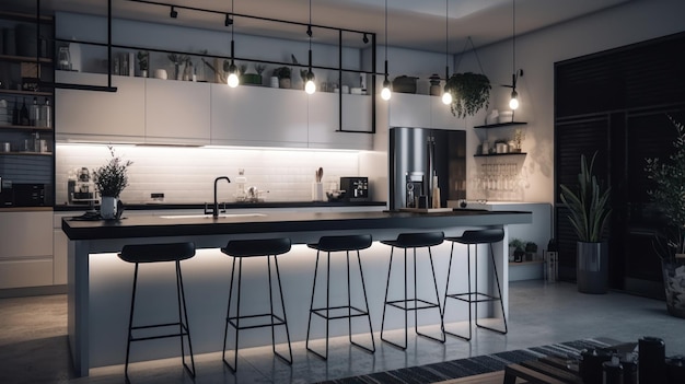 Modern kitchen in a minimalist loft style with a long bar and chairs in a row combination of white a