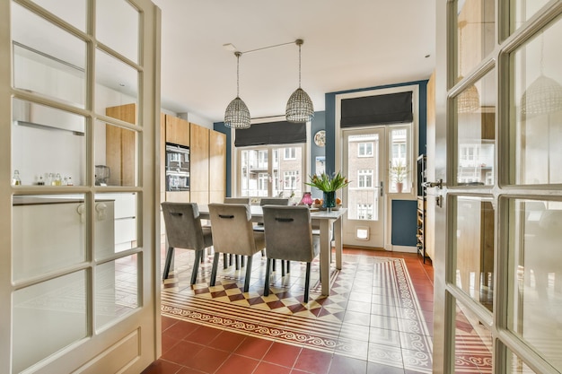 Modern kitchen near dining room in flat