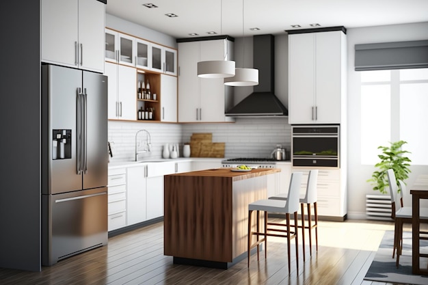 modern kitchen room. Kitchen with island and chairs, modern furniture, stove, oven, refrigerator