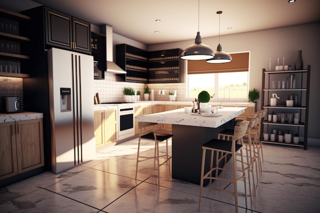 modern kitchen room. Kitchen with island and chairs, modern furniture, stove, oven, refrigerator