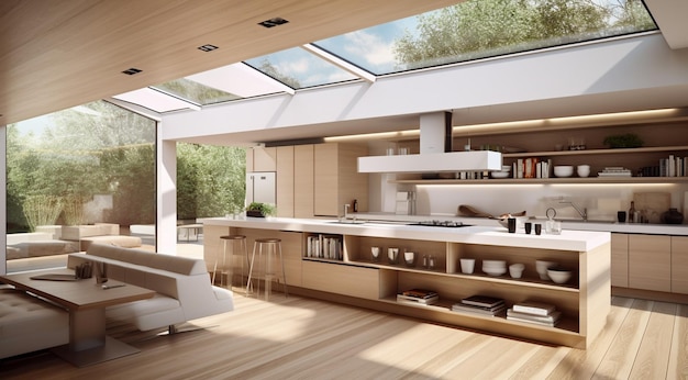 Modern kitchen room with large spaces good natural lighting and extractor fan with AI generative wi