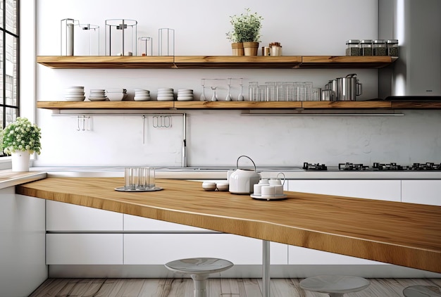 a modern kitchen set up with wood countertop and white shelves in the style of motion blur panoram