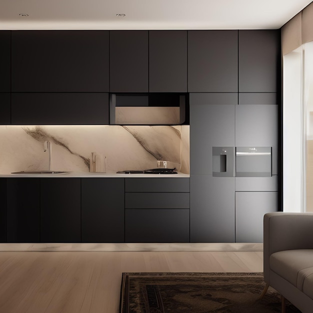 A modern kitchen with black cabinets and a white couch.