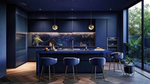 Modern Kitchen with Blue Cabinets and Golden Accents