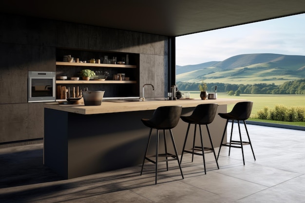 A modern kitchen with a dark sleek cooking area that has a bar counter and stools set against a grey