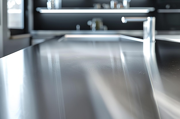 Modern kitchen with a focus on a stainless steel countertop