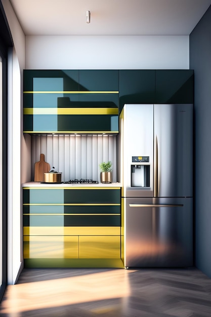 Modern kitchen with a fridge and kitchen supplies