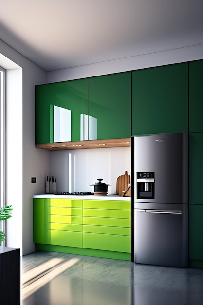 Modern kitchen with a fridge and kitchen supplies