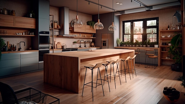 A modern kitchen with a large island and bar stools in the center of the room with a potted plant on the counter Generative AI