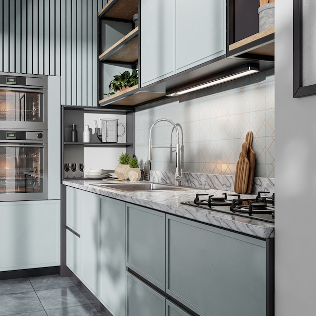 Modern kitchen with light blue cabinets and marble countertops