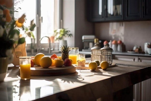 Modern kitchen with marble counter and vegetables and fruits on the table healthy lifestyle Generate Ai